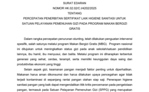 RESMI.! Kemenkes Terbitkan Edaran Percepatan Penerbitan Sertifikat Laik Higiene Sanitasi untuk Dapur MBG